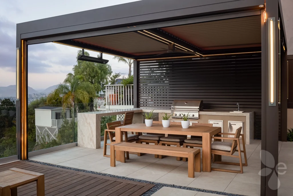 A focus shot of the pergola with grill and outdoor seating area
