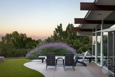 An outdoor patio area with beautiful surrounding landscape