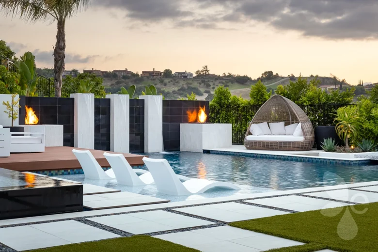 Landscape with seating on a water feature near the pool with a fire feature and hammock across the pool